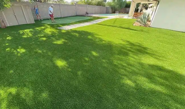Large, expansive residential backyard with a newly installed, curving artificial turf lawn.